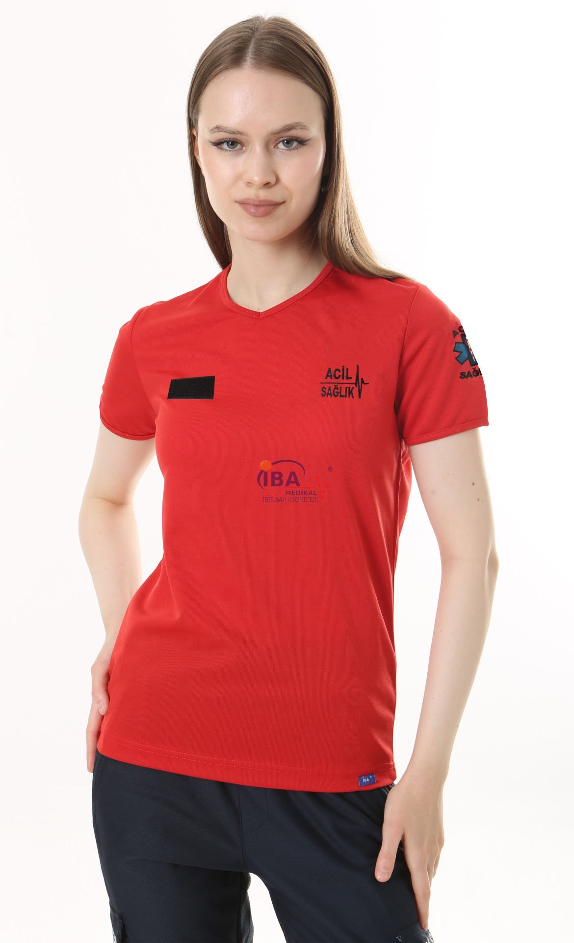 İ-SPORTİVE V Yaka Kısa Kol Acil Sağlık Spor T-Shirt - Kırmızı