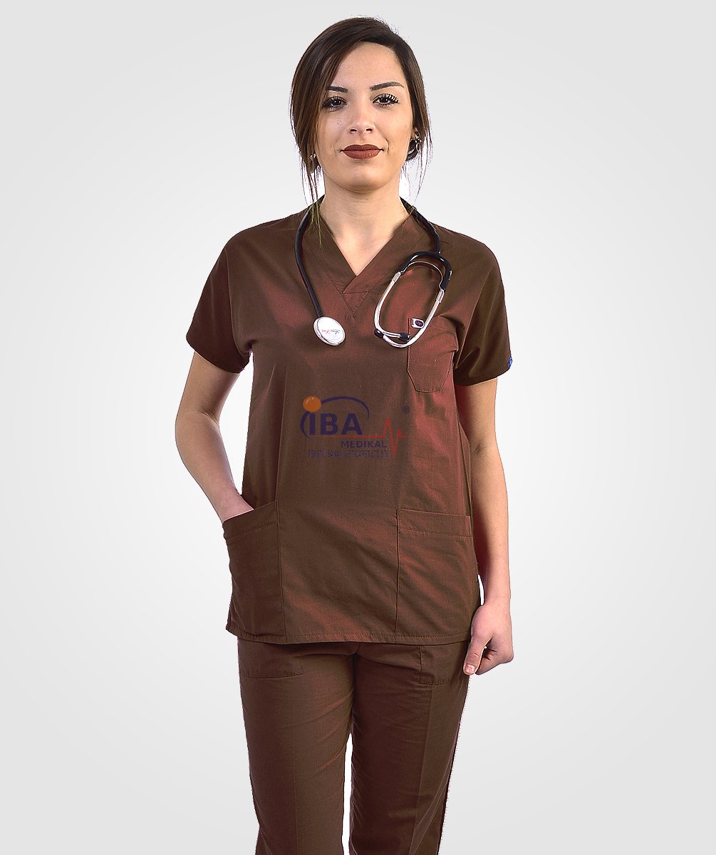 V Yaka Takım (Unisex) Kahverengi - XL - 46/48 Beden
