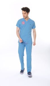 ALASKA MAVİSİ DOKTOR HEKİM FORMASI LİKRALI SCRUBS TAKIM (ALASKAN BLUE) XXS - ARMALI