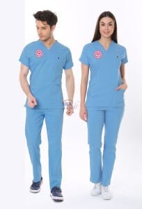 ALASKA MAVİSİ DOKTOR HEKİM FORMASI LİKRALI SCRUBS TAKIM (ALASKAN BLUE) M - ARMALI