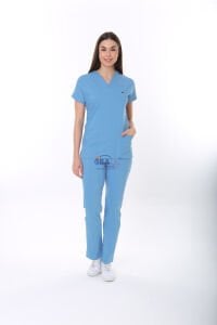 ALASKA MAVİSİ DOKTOR HEKİM FORMASI LİKRALI SCRUBS TAKIM (ALASKAN BLUE) M - ARMASIZ