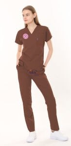 KAHVERENGİ HASTANE FORMASI LİKRALI SCRUBS TAKIM (FRIAR BROWN) L - ARMALI