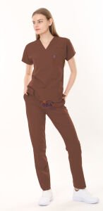 KAHVERENGİ HASTANE FORMASI LİKRALI SCRUBS TAKIM (FRIAR BROWN) L - ARMASIZ