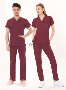 BORDO HASTANE FORMASI LİKRALI SCRUBS TAKIM (BIKING RED) 3XL - ARMASIZ