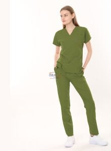 ÇİMEN YEŞİLİ ECZACI FORMASI LİKRALI SCRUBS TAKIM (GRASSHOPPER) M - ARMASIZ