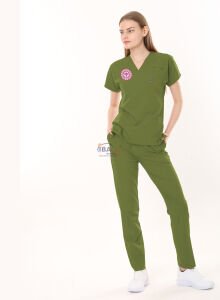 ÇİMEN YEŞİLİ ECZACI FORMASI LİKRALI SCRUBS TAKIM (GRASSHOPPER) 3XL - ARMALI