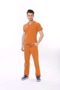 TURUNCU KLİNİK DESTEK İŞÇİ FORMASI LİKRALI SCRUBS TAKIM (ORANGE OCHRE) XXS - ARMALI