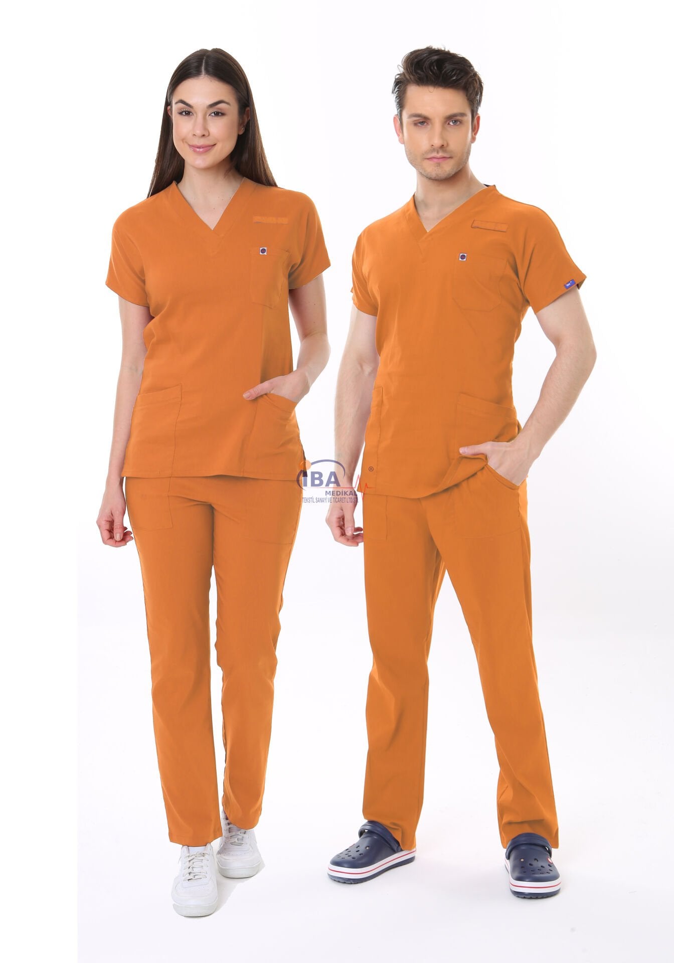 TURUNCU KLİNİK DESTEK İŞÇİ FORMASI LİKRALI SCRUBS TAKIM (ORANGE OCHRE) XS - ARMASIZ