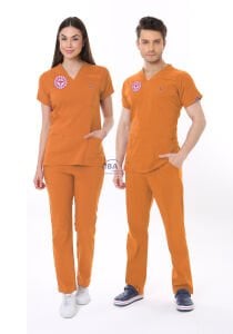 TURUNCU KLİNİK DESTEK İŞÇİ FORMASI LİKRALI SCRUBS TAKIM (ORANGE OCHRE) S - ARMALI