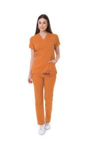 TURUNCU KLİNİK DESTEK İŞÇİ FORMASI LİKRALI SCRUBS TAKIM (ORANGE OCHRE) XL - ARMASIZ