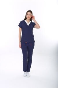 SORUMLU LACİVERT HEMŞİRE FORMASI LİKRALI SCRUBS TAKIM (PATRIOT BLUE)