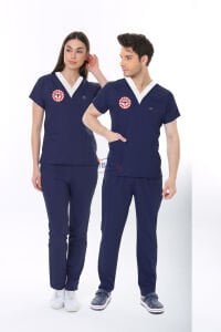 SORUMLU LACİVERT HEMŞİRE FORMASI LİKRALI SCRUBS TAKIM (PATRIOT BLUE)