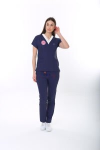 SORUMLU LACİVERT HEMŞİRE FORMASI LİKRALI SCRUBS TAKIM (PATRIOT BLUE)