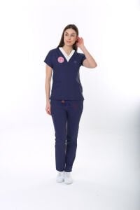 SORUMLU LACİVERT HEMŞİRE FORMASI LİKRALI SCRUBS TAKIM (PATRIOT BLUE) XS - ARMALI